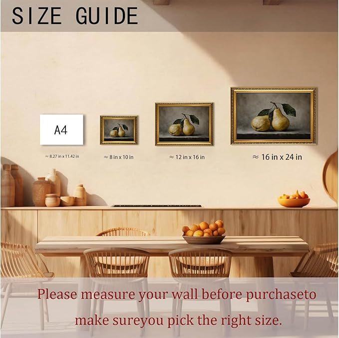 WZGZXU Vintage Gold Framed Wall Art Fruit Wall Decor Pear Canvas Art Still Life Pictures Antique Paintings Cottage Prints For Living Room Kitchen 8x10in