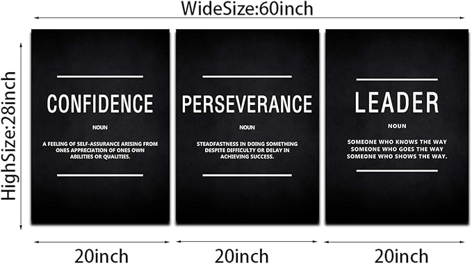 KAWAHONE Large Motivation Posters for Office, Inspiration Leader Confidence Perseverance Quotes Success Canvas Wall Art Framed Positive Sayings Wall Hanging for Home Office Workplace -20''x 28''x 3PCS