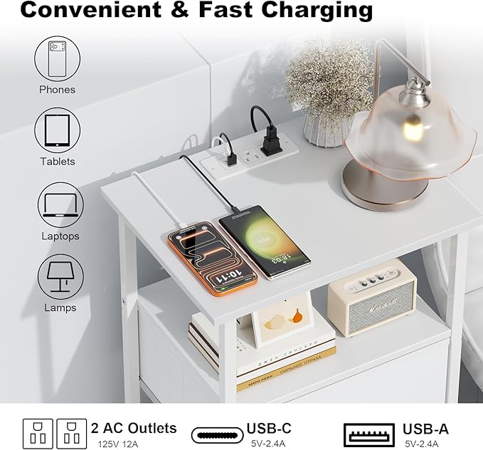 Side Table with Charging Station, Nightstand with Adjustable Fabric Drawer, Bedside Table for Bedrooms, Living Rooms & Home Decor (White)