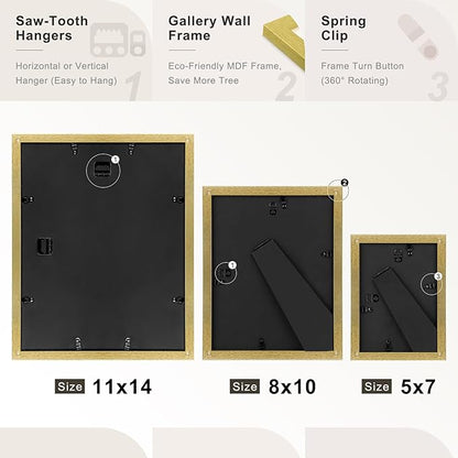Frametory, Set of 7 Gallery Wall Frame in Gold - Includes 11x14, 8x10, and 5x7 Picture Frames with Ivory Color Mats - Real Glass, Collage Frames for Prints and Photos