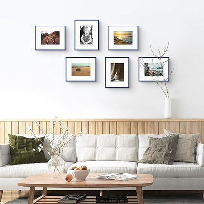 Golden State Art 8x10 Picture Frame 6 Pack - Navy Blue Aluminum Photo Frames With 5x7 Mats and Real Glass Cover - Elegant Minimalist Wall Gallery Frames for Home or Office Decor
