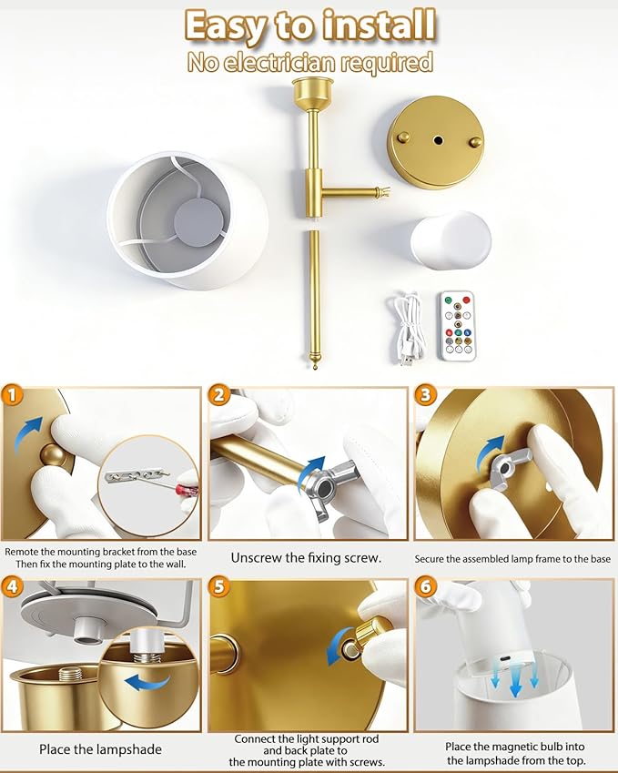 Adetu Battery Operated Wall Sconce Set of 2, Gold Wireless Battery Wall Lights with 10000mAh RGB Dimmable Magnetic Bulbs and Remote Control, Rechargeable Wall Sconce for Bedroom Living Room Hallway