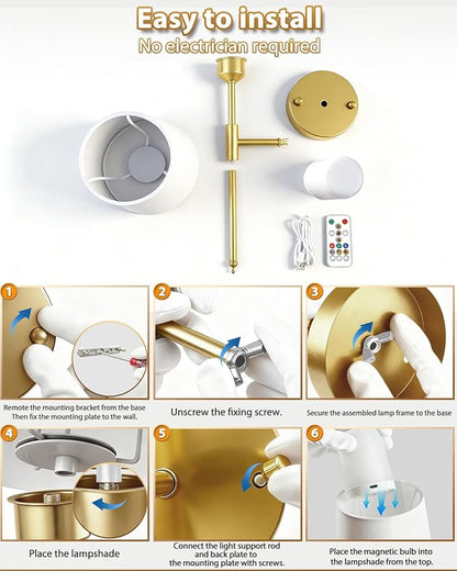 Adetu Battery Operated Wall Sconce Set of 2, Gold Wireless Battery Wall Lights with 10000mAh RGB Dimmable Magnetic Bulbs and Remote Control, Rechargeable Wall Sconce for Bedroom Living Room Hallway