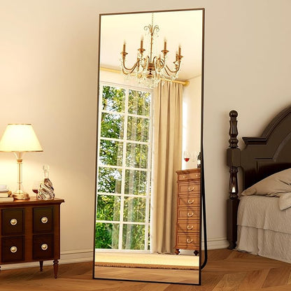 GLSLAND 64"x21" Full Length Mirror Full Body Mirror Freestanding Hanging or Leaning Rectangle Floor Mirror Aluminum Alloy for Bedroom Bathroom Living Room,Black