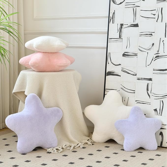 Star Pillow, Decorative Throw Pillows for Bed Couch, 19.6" Star Shaped Pillow Plush Floor Cushions Room Decor Pillow with Soft Faux Rabbit Fur for Sofa Bedroom Living Room