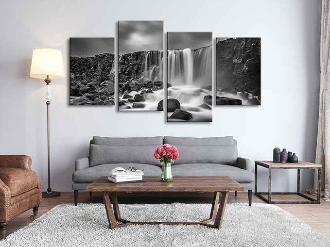 Pyradecor Waterfall Giclee Canvas Prints Wall Art Paintings for Home Decorations - Black and White Rocky Large 4 Piece Modern Gallery Wrapped Grace Seascape Sea Beach Pictures Artwork Ready to Hang L