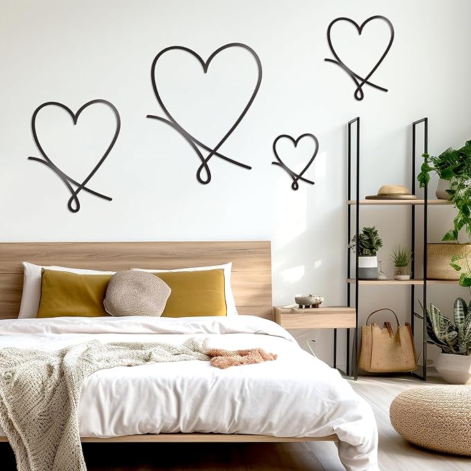 KOYILTD 4 Pcs Metal Heart Wall Art for Bedroom Modern Love Heart Wall Decor Metal Wall Decoration above Bed for Living Room Bathroom Office Wedding (Black, Romantic)