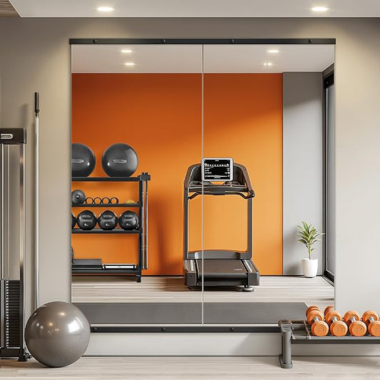 TRAHOME Home Gym Mirror for Wall,56x28x2PCS Full Length,Glass Frameless Body Large Mirror for Home Gym,Workout,Bedroom,Garage(Black)