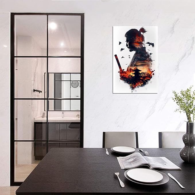 Japanese Samurai Canvas Wall Art Prints Armored Knights Wall Decor Canvas Painting Medieval Poster Framed for Living Room Bathroom Bedroom Office Home Decor Framed (28''W x 44''H)