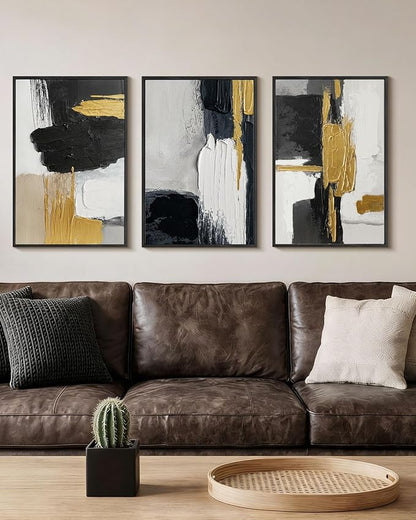 Extra Large Abstract Hand Applied Raised Paint Texture Canvas Wall Art Set of 3, Black White Gold Triptych Artwork Solid Wood Frame 24x36", Modern Oversized Luxury Living Room Office Bedroom Decor