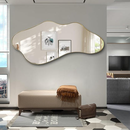 Large Irregular Mirror, 63"x30" Asymmetrical Aesthetic Wall Mirror with Gold Metal Frame, Organic Shaped Mirrors for Living Room Bedroom Hallway Entryway, Horizontal or Vertical Hanging