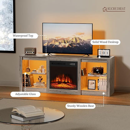 Kucreiheat 58 inch TV Stand with Fireplace-Entertainment Center with LED & Outlet for 65 inch TV-Grey Media Console with Adjustable Glass Shelves, Modern TV Table for Living Room/Bedroom
