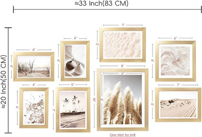 ArtbyHannah Gallery Wall Frame Set, 8 Pack Picture Frames Collage Wall Art Decor with Neutral Pampas Grass for Bedroom, Assorted Size Including 8"x10", 5"x7", 4"x6", 6"x6"(Gold Frame,Small)