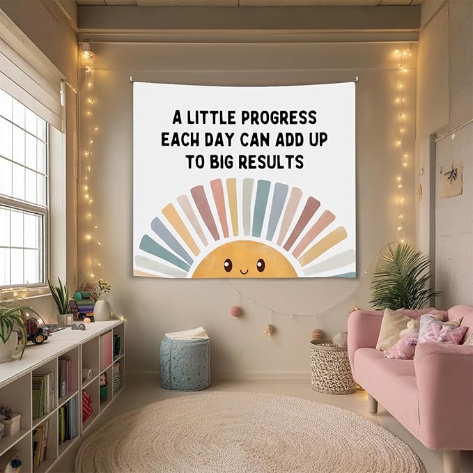 Positive Wall Tapestry-A Little Progress Each Day Inspirational Banner,Soft Flannel Wall Tapestry Decor for Bedroom,Kids Room Decor,Birthday Party Wall Art Decoration 51x59 Inch (Colorful-Progress)