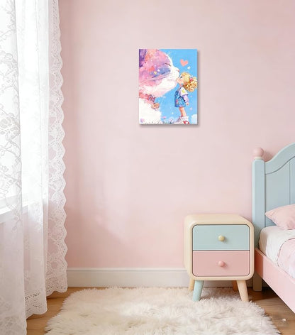 12x16 Giant Pink Cat Kissing Little Girl Canvas Wall Art - Cute Whimsical Kids Kawaii Girl Cat Poster, Pastel Dreamy Nursery Wall Decor, Framed Cartoon Animal Artwork for Bedroom Bathroom Living Room