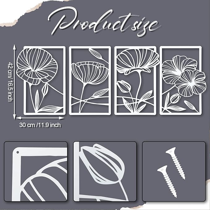 4 Pcs Metal Wall Art 16.5 x 11.8'' Line Art Wall Decor Floral Minimalist Decor Hanging Flower Aesthetic Modern for Living Room Bedroom Bathroom Kitchen Decoration(White)