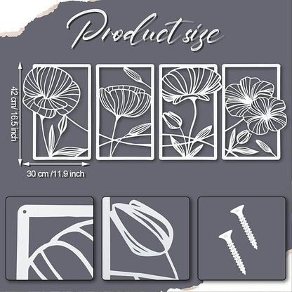 4 Pcs Metal Wall Art 16.5 x 11.8'' Line Art Wall Decor Floral Minimalist Decor Hanging Flower Aesthetic Modern for Living Room Bedroom Bathroom Kitchen Decoration(White)