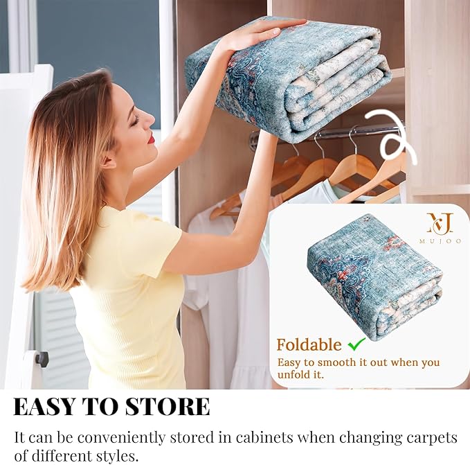 MUJOO Teal Runner Rug 2'x6', Long Washable Rug Runners for Hallways Entryway Kitchen Bathroom Bedside,Boho Vintage Bohemian Distressed Farmhouse Non Slip Carpet,Floral
