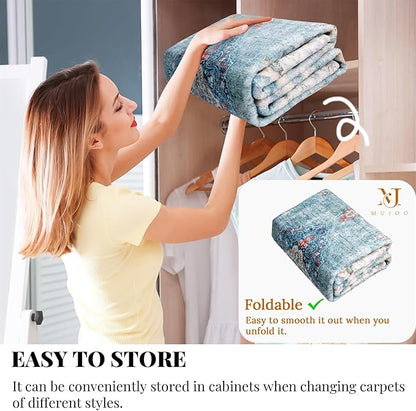 MUJOO Boho Rug 4'x6.5' Area Rugs for Bedroom Living Room Dining Room Teal Small Machine Washable Non Slip Carpet for Office Dorm Bedside Kitchen Laundry Room Accent Soft Blue Floral