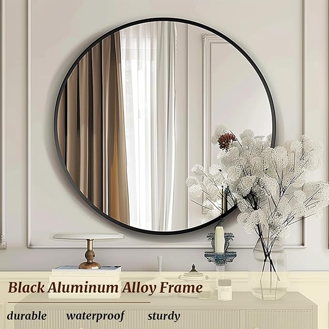 Mirror 18 inch, Round Wall Mirrors, Black Circle Mirror, Round Mirrors for Wall, Living Room, Bathroom, Hallway.