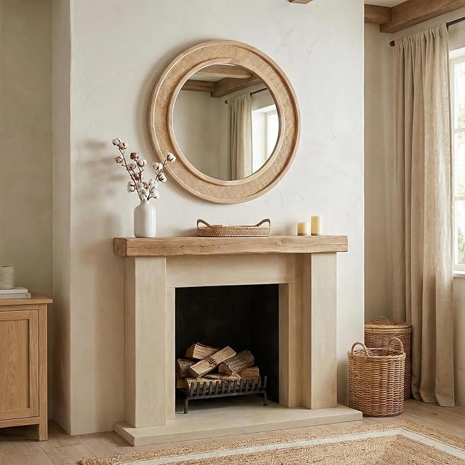 24" Round Rattan Mirror, Circle Wall Mirror, Farmhouse Wooden Vanity Mirror with Handmade Wicker Frame, Decorative Boho Mirror for Nursery Bedroom Living Room Entryway Nature