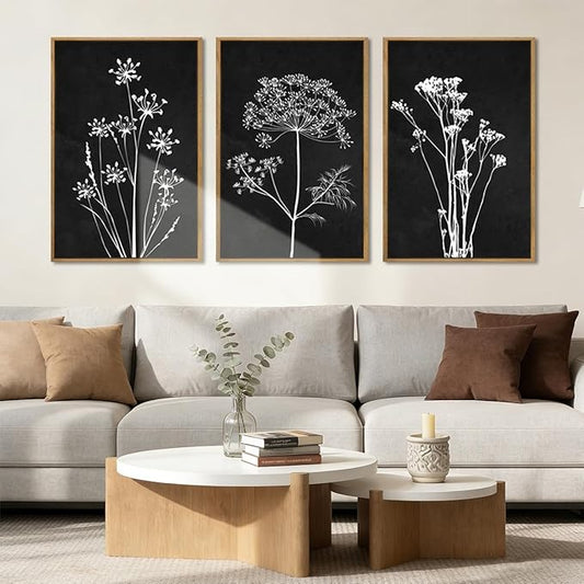 BINCUE Framed Botanical Wall Art Black Grey and White Plant Floral Print Canvas for Living Room Bedroom Office 3 Panel 16x24 Inches