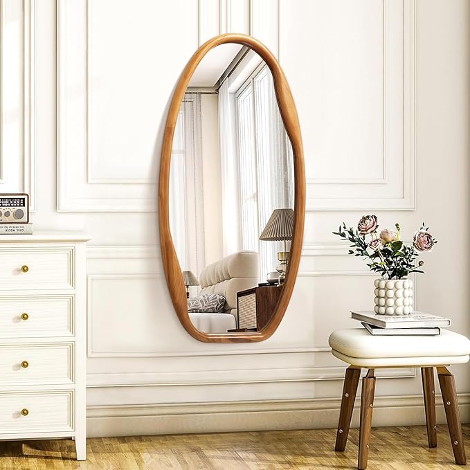 JJUUYOU Wooden Frame Wall Mirror Irregular Mirrors for wall 40"X20" Asymmetrical Decorative Vintage Hanging Mirror for Bathroom Bedroom Living Room Cloakroom Entryway Brown