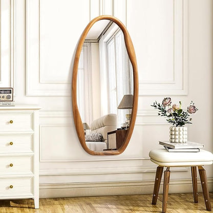 JJUUYOU Wooden Frame Wall Mirror Irregular Mirrors for wall 40"X20" Asymmetrical Decorative Vintage Hanging Mirror for Bathroom Bedroom Living Room Cloakroom Entryway Brown