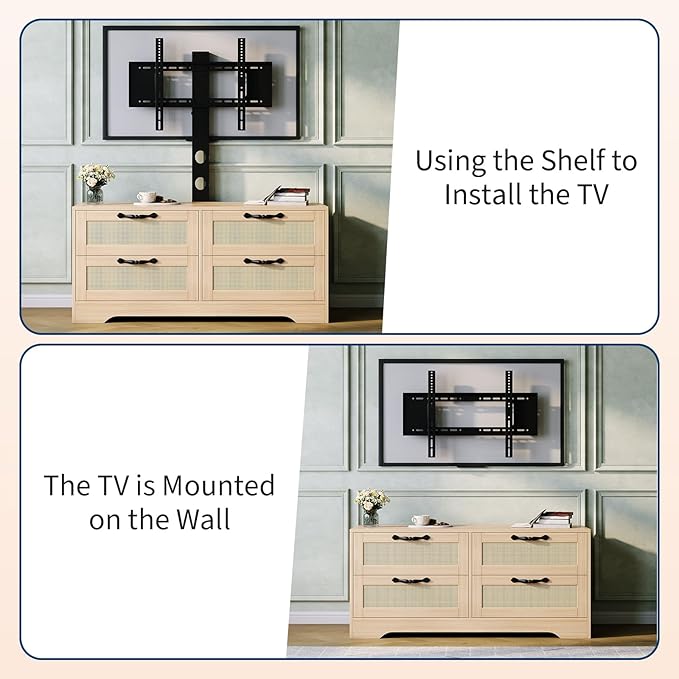 GarveeHome 4 Drawer Dresser TV Stand with Mount, XXX Inch Rattan Entertainment Center for TVs Up to 70 Inch, Farmhouse Wooden Media Console for Living Room, Bedroom, Natural