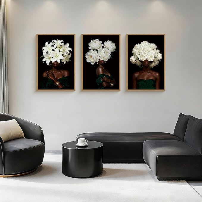 HPINUB Black Woman Framed Canvas Prints Wall Art Set, Abstract White Hydrangea Wall Decor, Vintage African American Girl Art Photos for Living Room, Bedroom, Dining Room, Office, Bathroom - 16"x24"x3