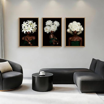 HPINUB Black Woman Framed Canvas Prints Wall Art Set, Abstract White Hydrangea Wall Decor, Vintage African American Girl Art Photos for Living Room, Bedroom, Dining Room, Office, Bathroom - 16"x24"x3