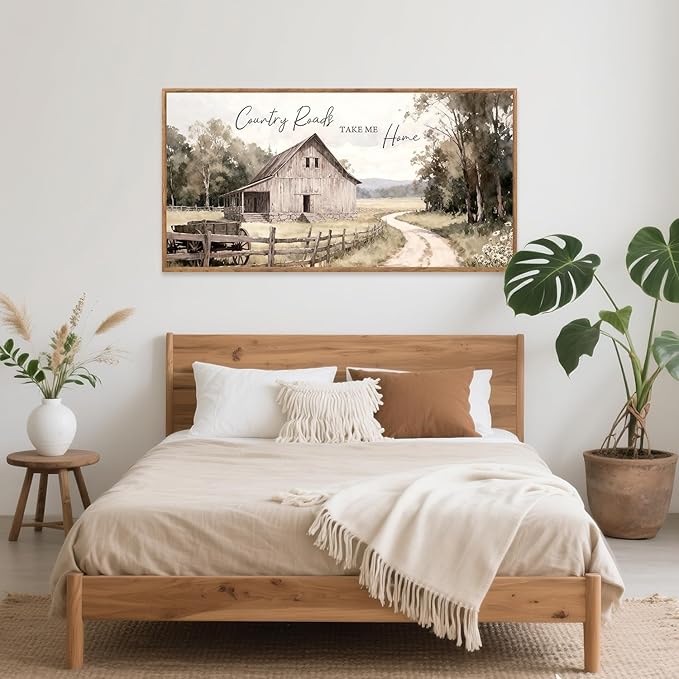 Aurlan Country Roads Take Me Home Wall Art(40"x20"), Neutral Countryside Cottage Cabin Farmhouse Old Barn Canvas Artwork, Large Vintage Rustic Nature Meadow Field Landscape Decor for Home Dining Room