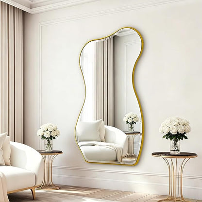 POZINO Irregular Beveled Mirror, 63"x32" Large Asymmetrical Aesthetic Wall Mirror with Metal Frame, Premium Organic Floor Mirrors for Living Room Bedroom Hallway Entryway, Leaning/Wall-Mount