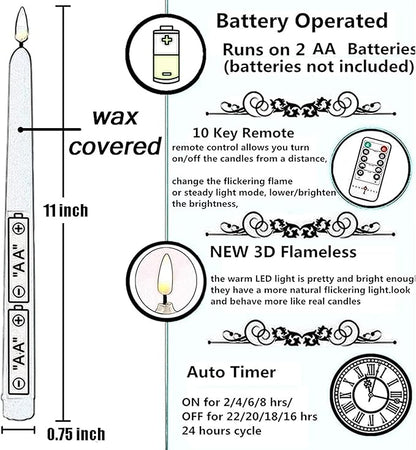 NONNO & ZGF 10 Pack Black 11'' LED Wax Covered Taper Candles with 2 Remote Control, Flameless Battery Operated Decor Candle, Warm White LED