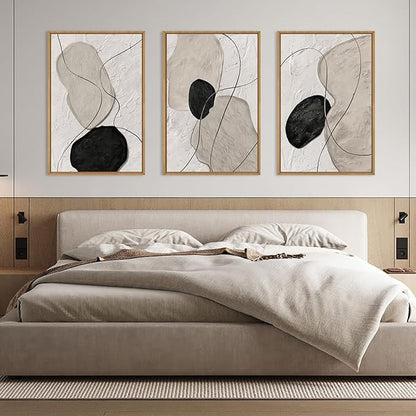 ANHUIB Neutral Abstract Wall Art Canvas,Mordern Geometric Wall Decor Framed,Contemporary Minimalist Artwork, Black Beige Canvas Prints, 3 Piece 16 * 24IN Painting for Living Room Bedroom Office