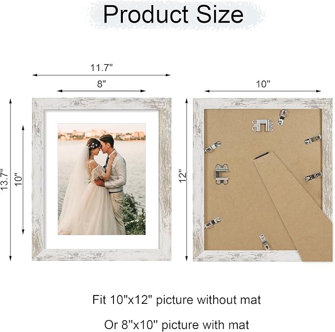 iRahmen 10x12 Picture Frame with Mat 8x10 - High Definition Tempered Glass Wooden Photo Frames for Tabletop Display and Wall Mounting (Distressed-White, Set of 2)