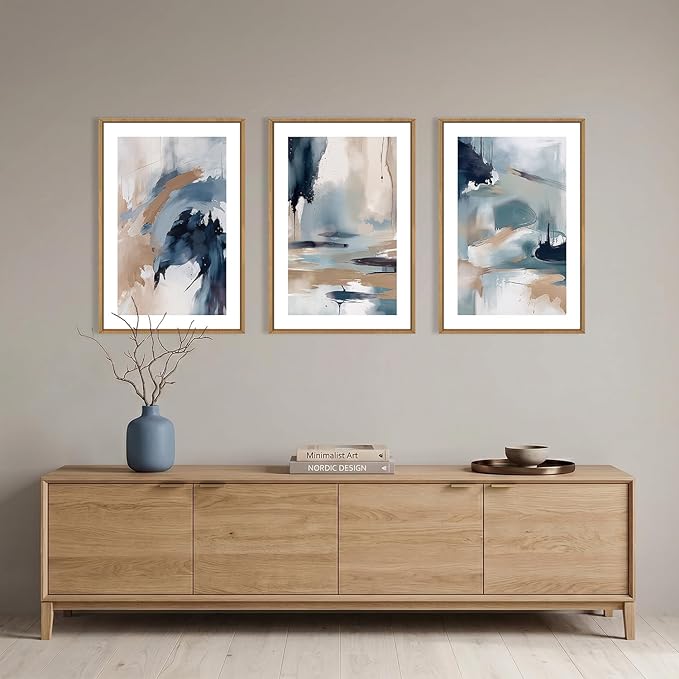 KAIRNE Blue Abstract Neutral Framed Canvas Wall Art Set, Navy Abstract Wall Decor, Watercolor Blue and Brown Wall Painting, Modern Textured Art Prints for Living Room, Bedroom, Office-24 x36 x3