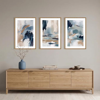 KAIRNE Blue Abstract Neutral Framed Canvas Wall Art Set, Navy Abstract Wall Decor, Watercolor Blue and Brown Wall Painting, Modern Textured Art Prints for Living Room, Bedroom, Office-16 x24 x3