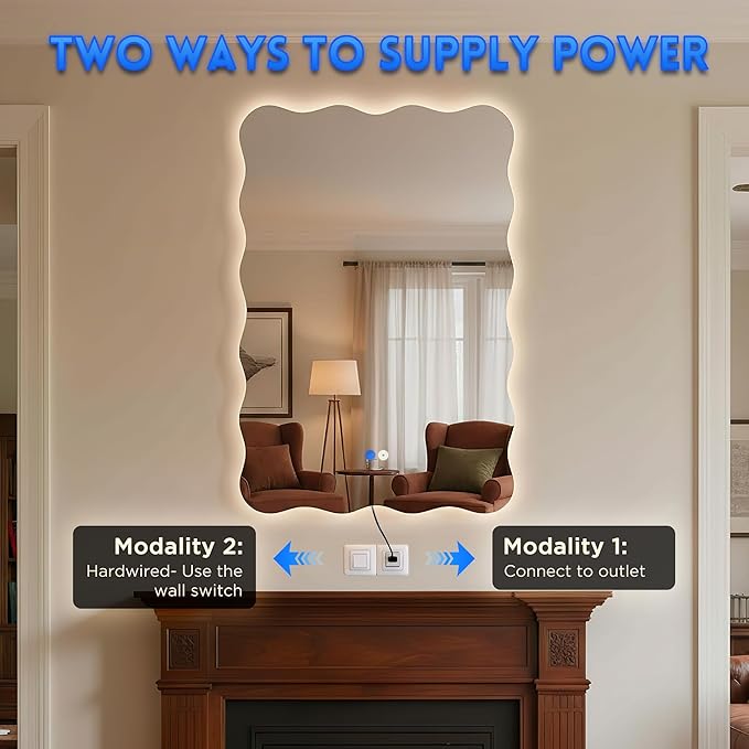 Dorlicecass Wavy Led Bathroom Mirror- Vanity Mirror with Lights IP54 Enhanced Anti-Fog, 20"x30" Single Piece 3 Colors Dimmable, Memory,Tempered Glass,UL Listed