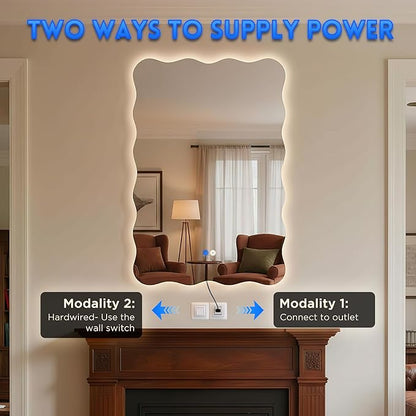 Dorlicecass Wavy Led Bathroom Mirror- Vanity Mirror with Lights IP54 Enhanced Anti-Fog, 20"x30" Single Piece 3 Colors Dimmable, Memory,Tempered Glass,UL Listed