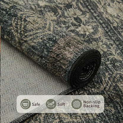 8x10 Washable Area Rug for Living Room, Extra Large,Green Vintage Floral Boho Rugs for Dining Room, Farmhouse, Durable Low Pile Non Slip Carpet for High Traffic Areas, Moss Brown