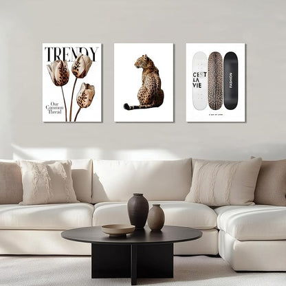 Trendy Leopard Canvas Wall Art Set of 3 Cheetah Printed Preppy Fashion Skateboard Wall Decor Preppy Room Aesthetic posters Prints for Girls Bedroom Apartment Dorm 16x24in Framed Decoration