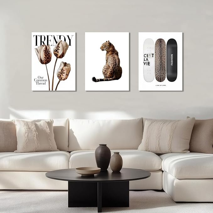 Trendy Leopard Canvas Wall Art Set of 3 Cheetah Printed Preppy Fashion Skateboard Wall Decor Preppy Room Aesthetic posters Prints for Girls Bedroom Apartment Dorm 12x16in Framed Decoration