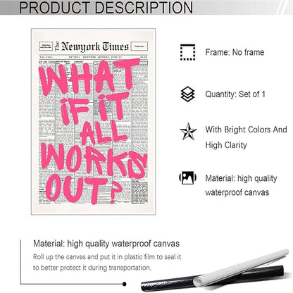 Drimiler Retro Newspaper Pink Font Poster What If It All Works Out Canvas Wall Art Positive Affirming Quote Minimalist Prints Painting For Home Bedroom Dorm Wall Decor 24x36in Unframed