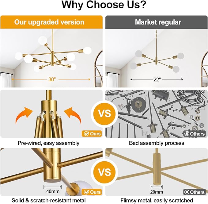 10.9"-52.3" Height Adjustable Modern Chandelier Ceiling Light Fixture, 8-Light Sputnik Chandeliers Brushed Gold Mid Century Chandelier Over Table, Chandeliers for Dining Room (Bulbs Not Included)