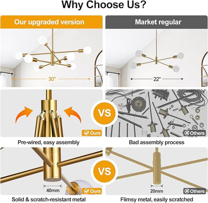 10.9"-52.3" Height Adjustable Modern Chandelier Ceiling Light Fixture, 8-Light Sputnik Chandeliers Brushed Gold Mid Century Chandelier Over Table, Chandeliers for Dining Room (Bulbs Not Included)