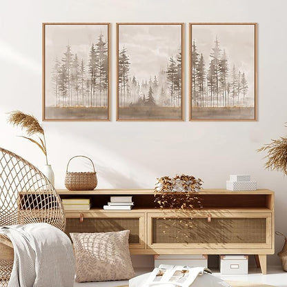 Beige Foggy Pine Tree Framed Canvas Wall Art Set,Modern Misty Forest Wall Decor,Nature Landscape Brown Art Print for Living Room,Bedroom-24 x36 x3