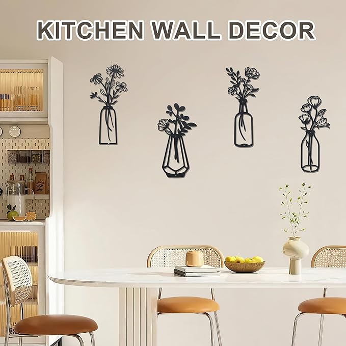 ZOES HOMDECO 4 Pcs Metal Flowers Wall Art Modern Farmhouse Decor Black Bathroom Wall Decor, Housewarming Gifts for Living Room Kitchen Bedroom Dining Room Office