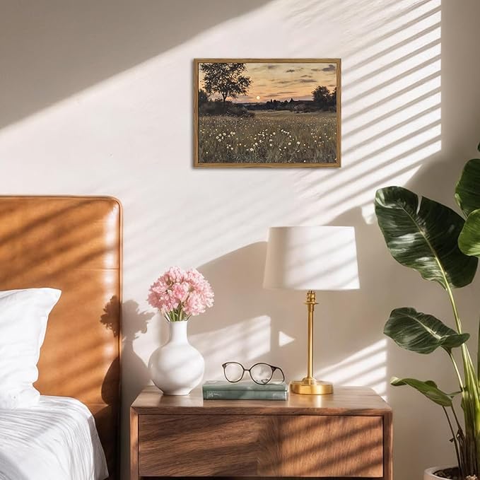 Vintage Farmhouse Wall Art, Rustic Floral Wall Decor Paintings, Twilight Firefly Artwork Painting Field Nature Landscape Canvas Prints for Bedroom Living Room 16x24 inch Wood Framed