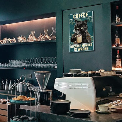 Vintage Cat Coffee Metal Tin Sign Cats Kitchen Signs Wall Decor Funny Retro Black Cat Wall Art Poster Coffee Bar Accessories Because Murder Is Wrong Sign 8x12 Inch
